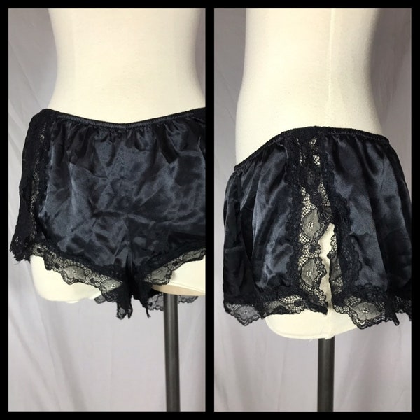 Lingerie Black Satin Polyester Pettipants Half Slip with lace Trimmed Legs and Side Slits Size XL