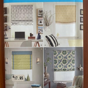 May include: Simplicity sewing pattern 1683 for window shades. The package displays four variations: a gray geometric print, a gold patterned shade with fringe, a lime green shade with blue trim, and a blue and green floral print shade.