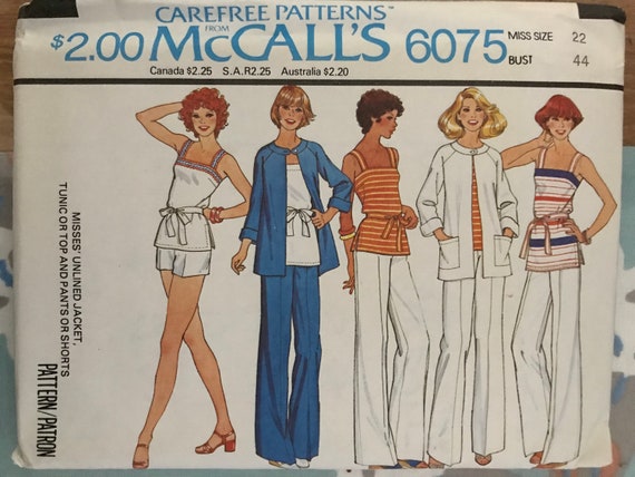 Mccalls 6075 Pattern UNCUT 1970s Vintage Sleeveless Banded Top Tunic Cami  Single Button Jacket Pants Short Shorts Self Belt Size 22 Bust 44 