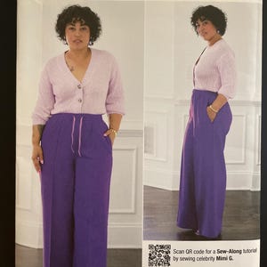May include: A sewing pattern featuring a woman wearing a light purple cardigan and wide-leg purple pants. The pattern is labeled S3036, with size information in U.S. sizes 18-26. The Simplicity brand logo is visible.
