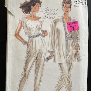 May include: A sewing pattern for a two-piece outfit, featuring a white top with a beaded design and matching pants. The pattern is from New Look and is size 8-18. The pattern is labeled "Toruse Heath-Shobe" and has a Walmart price tag.