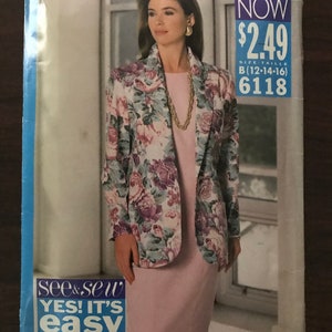 May include: A sewing pattern for a floral print blazer and a pink skirt. The pattern is from see & sew and is size B (12-14-16). The pattern number is 6118. The price is $2.49.