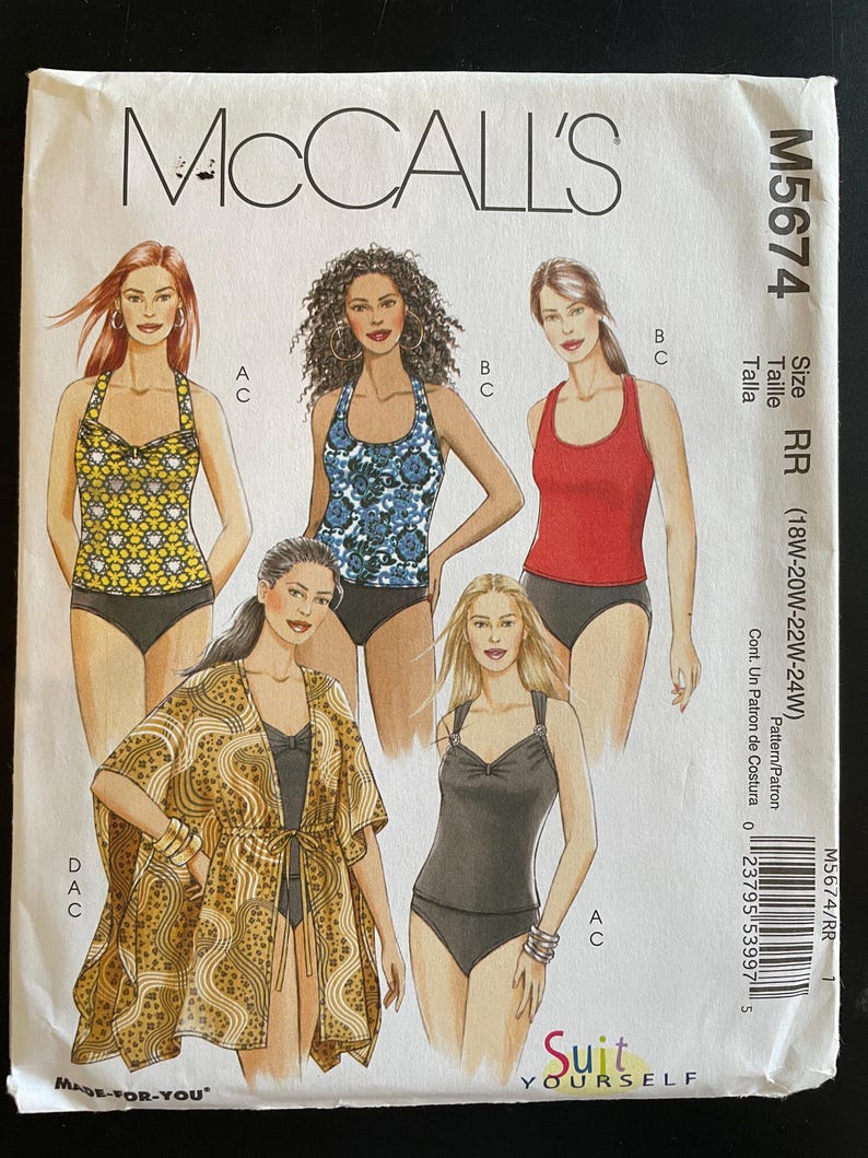 May include: McCall's sewing pattern M5674 featuring illustrations of swimwear designs. The pattern includes various styles of tops and bottoms, with options for different looks. The cover displays images of the finished garments, with size information.