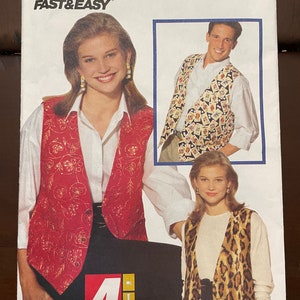 Butterick 6497 Pattern UNCUT 1990s Vintage Fast and Easy Beginners Open Front Loose Fitting Low Armholes Weskit Hem Size XS S M L XL