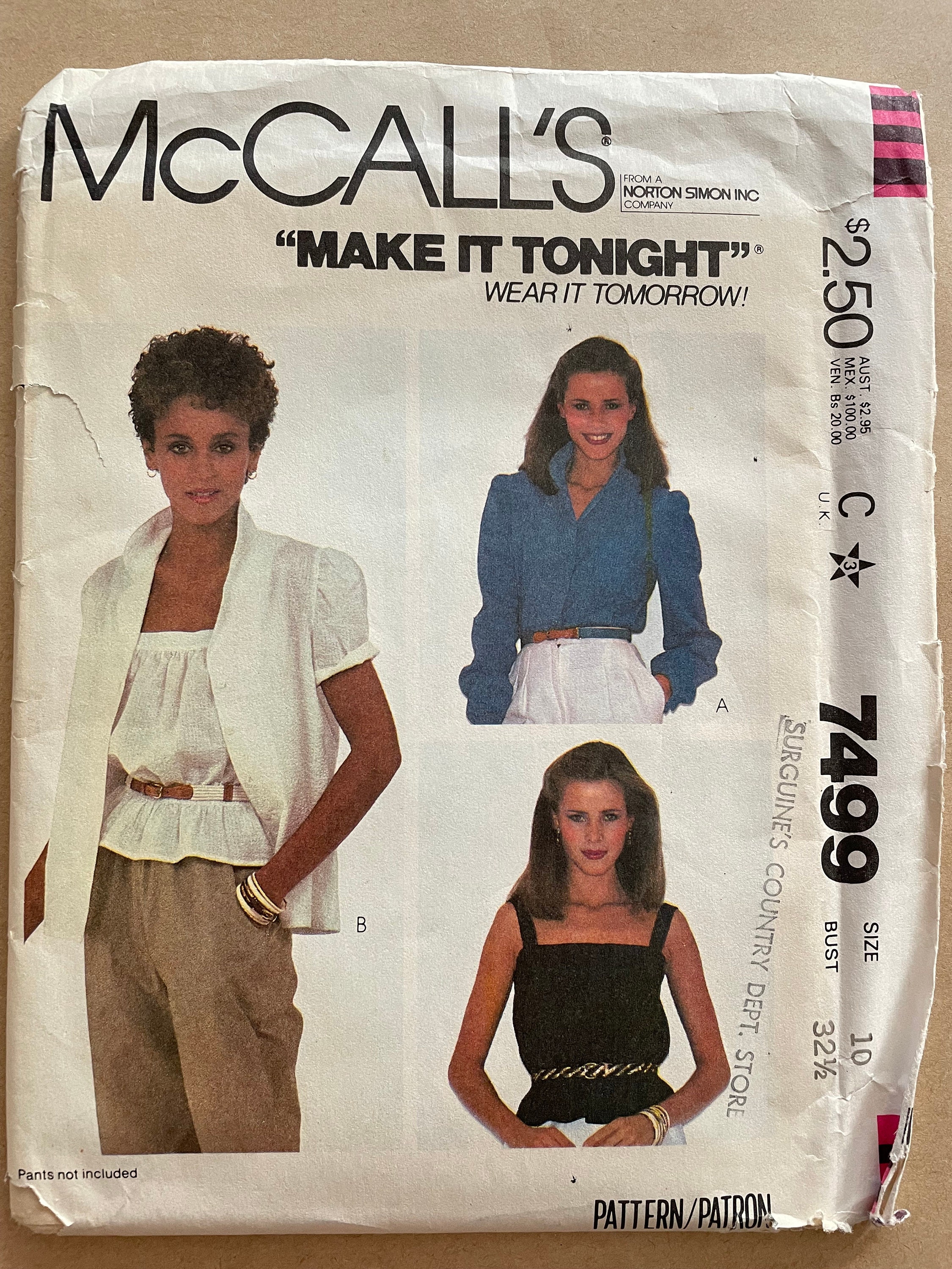 Mccalls 7499 Pattern UNCUT 1980s Vintage Make It Tonight Wear It