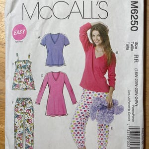 McCalls M6250 6250 Pattern Easy Pajamas Loungewear V Neckline Long Short Sleeved Top Nightshirt Tank Top Bottoms Size 8-16 or 18-24