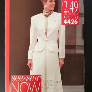 May include: A white jacket and skirt sewing pattern with a model wearing the finished garment. The pattern is for sizes 6-14 and is from the See & Sew Now brand. The pattern number is 4426.
