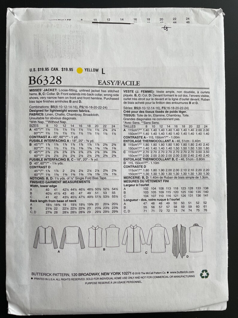 Butterick B6328 6328 Pattern UNCUT 2010s Easy Loose Fitting Unlined ...