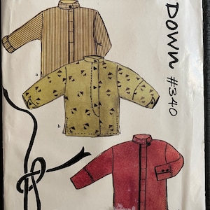 May include: A sewing pattern for a button-down shirt. The pattern includes three different styles: a striped shirt, a shirt with a geometric pattern, and a solid red shirt. The pattern is labeled "Button-Down #340".