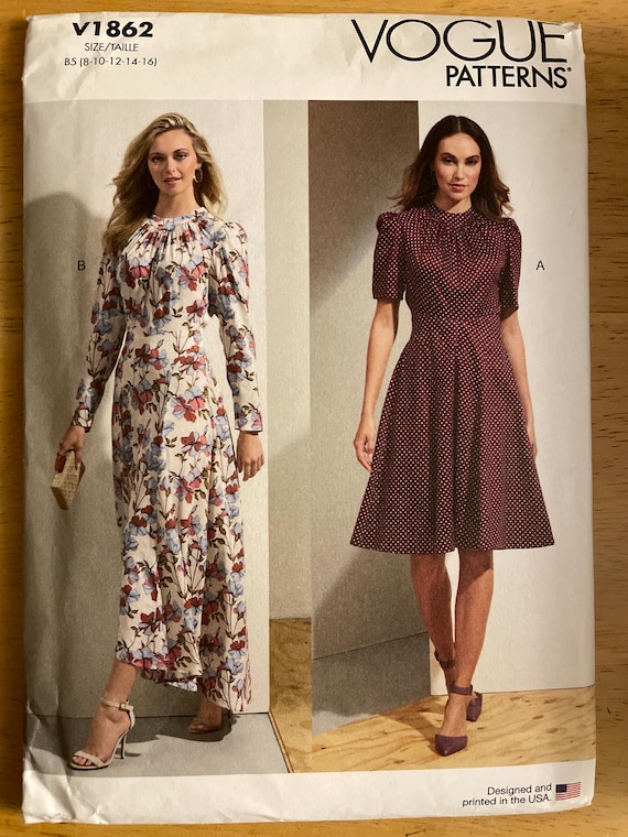 Vogue V1862 1862 Pattern UNCUT Semi Fitted Nipped Waist Dress Collar Flared  Knee Maxi Length Long Elbow Sleeve Gathered Cap Size 8-16 16-24