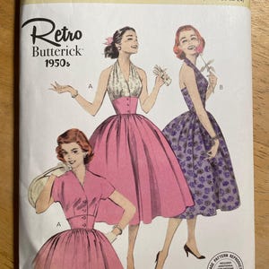 Butterick B6938 6938 Pattern UNCUT Retro 1950s Authentic Fit Flare Dress Halter Neck Shaped Waist Midriff Bolero Jacket Size 6-14 or 16-24