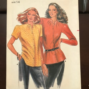 Butterick 6862 Pattern UNCUT Vintage 1970s Button Blouse Band Collar Gathered Cap to Long or Short Sleeves Size 14 Bust 36&quot;