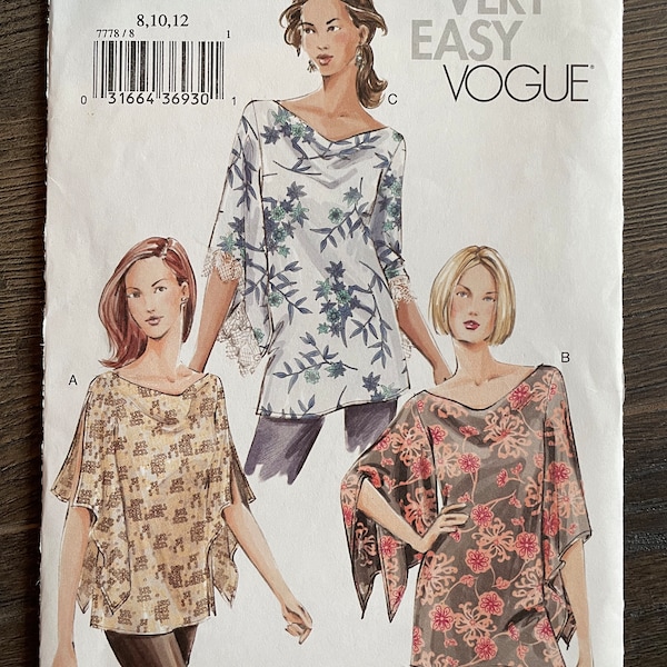 Vogue 7778 Pattern UNCUT Vintage 2000s Very Easy Below Hip Length Tunic Draped Front Neckline Full Angel Style Sleeves Size 8 10 12 VA
