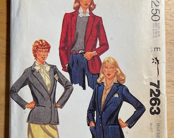 McCalls 7263 Pattern Vintage 1980s Palmer Pletsch Tailored Jacket Notched Collar Breast Patch Pockets Hip Thigh Size 16 UNCUT