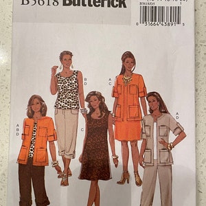 May include: A sewing pattern for women's clothing, featuring four different styles. The pattern is from Butterick and is for sizes 12-14-16-18-20. The pattern includes a dress, a top, a jacket, and pants.