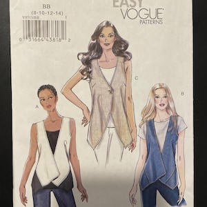Peut inclure: Un patron de couture pour un gilet sans manches avec un devant enroulé. Le patron est pour les tailles 8-10-12-14 et est de Very Easy Vogue Patterns.