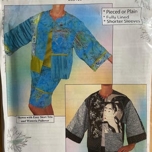 May include: A pattern for a Mt. Fuji Jacket, BSS109, with shorter sleeves, fully lined, and pieced or plain. The image shows a blue jacket with a floral pattern and a black jacket with a woman's portrait. The pattern is from Brensan Studios.