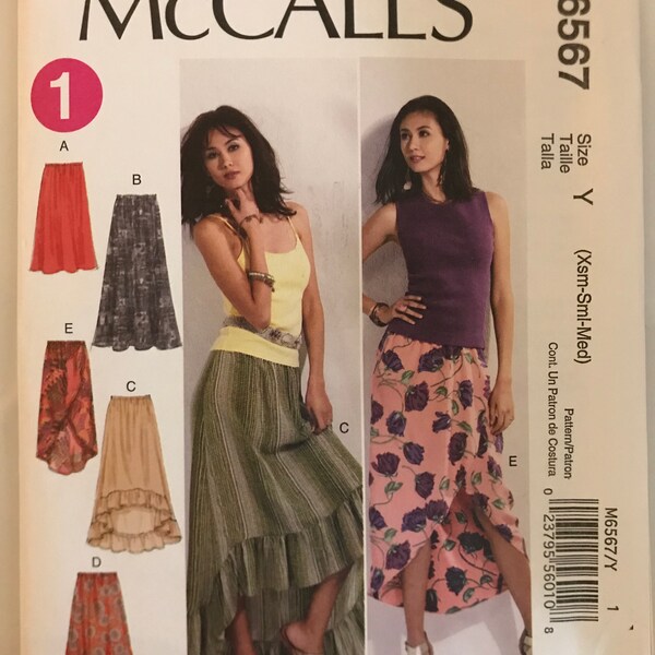 McCalls M6567 6567 Pattern UNCUT Pull On Loose Fitting Flared Skirt in Knee or Maxi Length Hi Lo Hem Ruffle Trim Size xS S M or L XL XXL