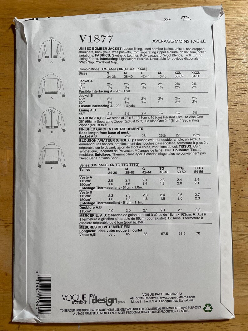 May include: A Vogue Patterns sewing pattern for a unisex bomber jacket, featuring size and fabric requirements. Includes measurements in inches and yards, with diagrams and text in English.