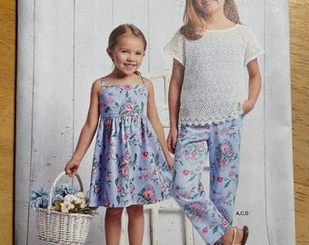 Simplicity 8621 Pattern UNCUT Easy to Sew Girl's Sleeveless Tank Top Shell Short Sleeve Shirt Sundress and Bottoms - Size 3-6 or 7-14