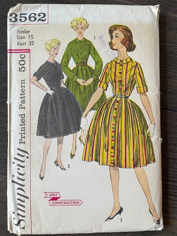 Simplicity 3562 Pattern CUT Complete 1960s Vintage Button Front Dress Fit Flare Knee Length Long or Elbow Sleeves Size 15 Bust 35 - Etsy Simplicity 3562 Pattern CUT Complete 1960s Vintage Button Front Dress Fit Flare Knee Length Long or Elbow Sleeves Size 15 Bust 35 - Etsy