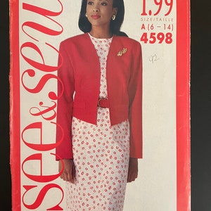 May include: A red and white sewing pattern for a dress and jacket. The pattern is for sizes 6-14 and the pattern number is 4598. The price is £1.99.