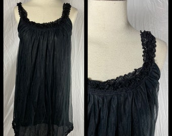 Vintage 1960s Era Lingerie Black Chiffon Over Nylon Nightgown Sleeveless Lace and Ruffle Trimmed Neckline Size Small