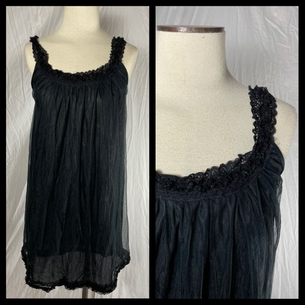 Vintage 1960s Era Lingerie Black Chiffon Over Nylon Nightgown Sleeveless Lace and Ruffle Trimmed Neckline Size Small