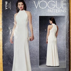 Vogue V1748 1748 Pattern UNCUT Close Fitting Evening Dress Fully Lined High Collar Pleat Detail Athletic Cut Maxi Flared Skirt 4-12 12-20