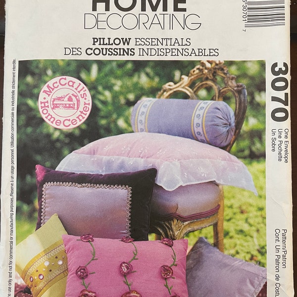 McCalls 3070 Pattern UNCUT Vintage 2000s Home Decorating Home Center Pillow Essentials Square Rectangle Round and Neck Roll Pillows