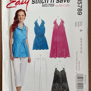 May include: Easy stitch 'n save M5789 by McCall's sewing pattern envelope featuring illustrations of sleeveless collared tops and pants. Includes a blue belted top, a pink button-down dress, and a black polka-dot top with pockets.