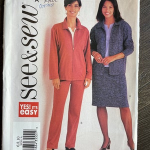 May include: A sewing pattern for a knit jacket and trousers. The pattern is for sizes 6, 8, and 10. The pattern is from the brand "see & sew" and is labelled "YES! It's easy".