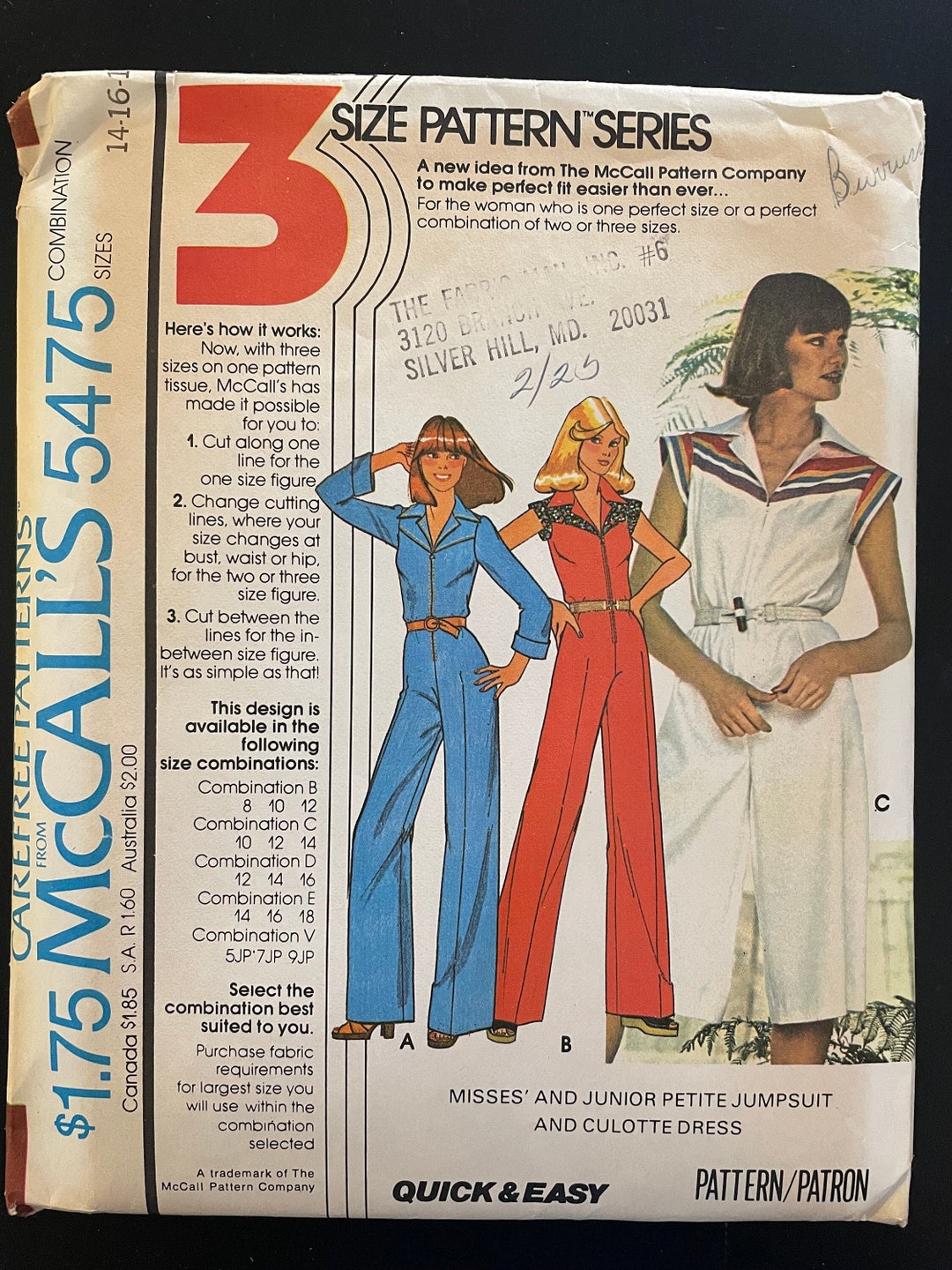 Mccalls 5475 Pattern UNCUT 1970s Vintage Jumpsuit and Culotte Dress ...