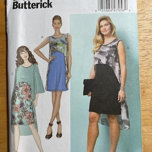 Butterick B6553 6553 Pattern UNCUT Close Fitting Dress Contrast Overlay Knee Length Shaped hemline High Low Hem - Size XS-M or L-XXL