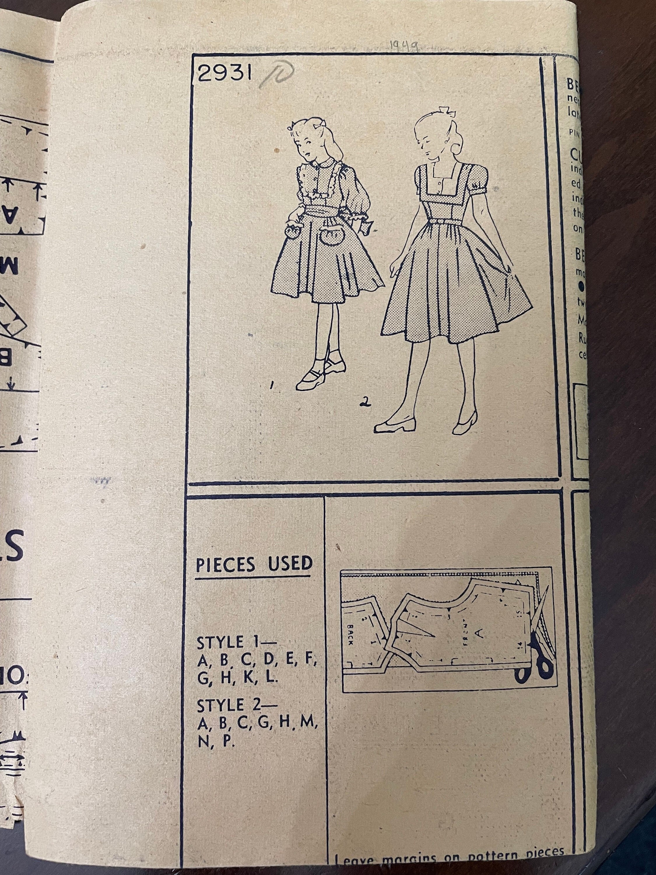 Simplicity 2931 Pattern CUT Complete 1940s Vintage Girl's