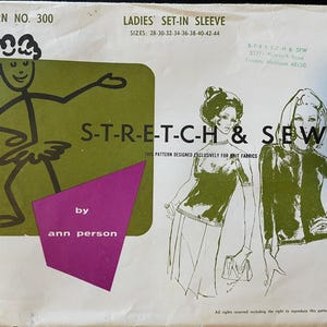 May include: Vintage sewing pattern for ladies' set-in sleeve tops. The pattern features illustrations of the finished garments and includes the text "S-T-R-E-T-C-H & SEW" and "by ann person". Sizes range from 28 to 44.