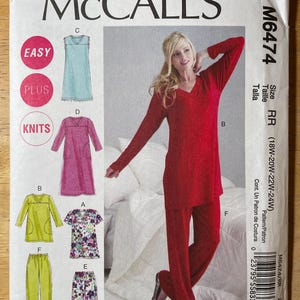 May include: McCall's sewing pattern M6474 featuring various knit sleepwear designs. The pattern includes options for a dress, top, pants, and a floral print top and pants. The size is RR (18W-24W).