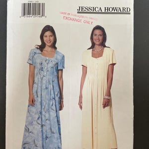 May include: A Butterick sewing pattern featuring two women modeling dresses. The pattern includes sizes 14-16-18. One dress is light blue with a floral print, and the other is a solid pale yellow. The text "JESSICA HOWARD" is visible.