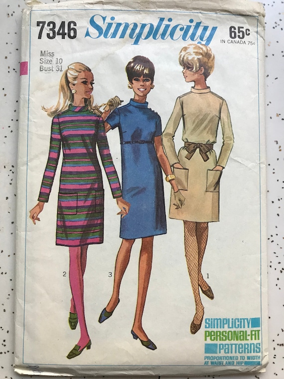 Simplicity 7346 Pattern CUT Complete 1960s Standing Collar Dress in Knee  Length with Long or Short Sleeves Pockets Buttons Size 10 31" Mn