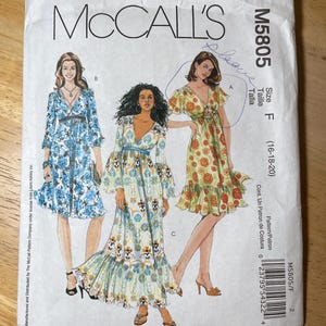 McCalls M5805 5805 Pattern UNCUT Laura Ashely Empire Waisted Flared Dress Knee Maxi Length Ruffled Hem V Neck Short Flutter Size 16 18 20