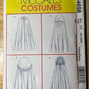 McCalls M4698 4698 Pattern UNCUT Full Cape or Hooded Cloak Ruffle Trim Collar Neck Tie Size S M