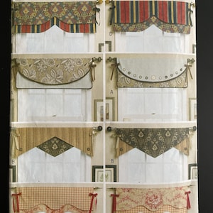 May include: A pattern sheet for Waverly window valances. The sheet displays various valance designs with floral, striped, and patterned fabrics. The designs include different shapes and embellishments, such as bows and decorative edges. The text "Butterick" and "Waverly" are visible.