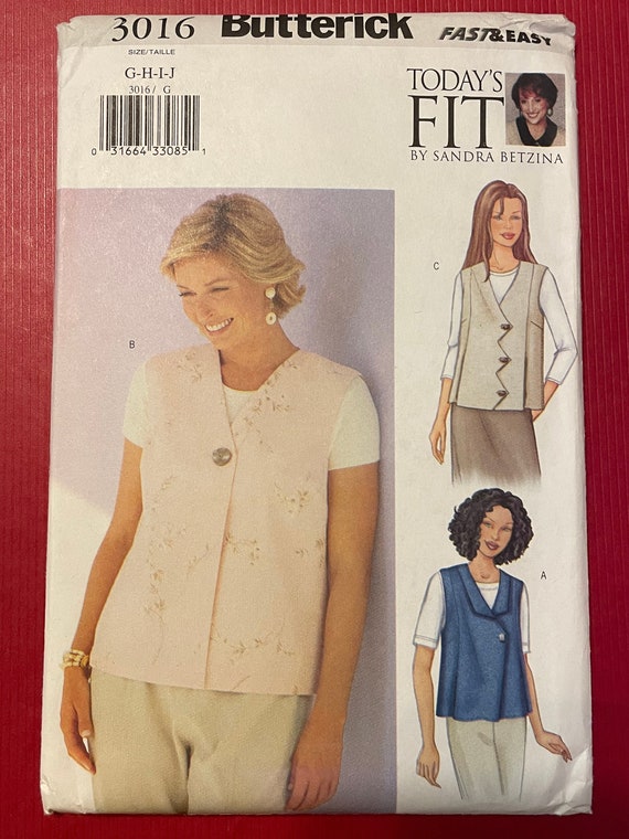 Butterick 3016 Pattern Uncut Today's Fit Sandra Betzina Semi Fitted Vest  Asymmetric Closure Size ABC Bust 32-36 OR Def 38-43 or GHIJ 46-55 