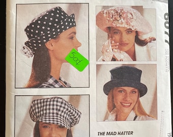 McCalls 6077 Pattern CUT Complete Vintage 1990s The Mad Hatter Top Hat Style Brimmed Poor Boy Baseball Cap Summer Style Back Bow Rosettes TX