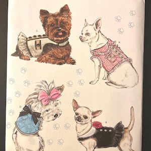 May include: Simplicity sewing pattern S9970 featuring illustrations of small dogs wearing various outfits. The pattern includes sizes XXS-M. The dogs are shown wearing a variety of outfits, including dresses, vests, and bows. The pattern is designed and printed in the USA.