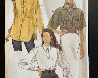 Vogue 8447 Pattern 1990s Vintage Button Front Blouse Pointed Band Collar Long Short Sleeves Loose Fit Size 10 CuT 12-16 18-22 UNCUT