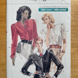 Vogue 7099 Pattern UNCUT Vintage 1980s Very Easy Jewel Neck Blouse Contrast Collar Cuffs Extended Shoulder Pleated Shoulder Cap Size 6