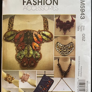 May include: A sewing pattern for a variety of jewelry and accessories. The pattern includes instructions for making a necklace, bracelet, and clutch. The pattern is for size OSZ and is from McCall's Fashion Accessories.