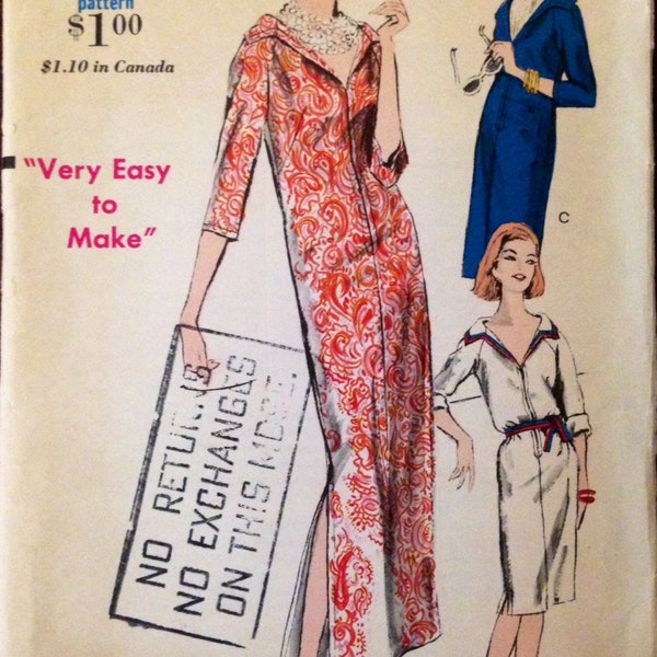 Vogue 5877 Pattern CUT Complete 1960s Vintage Zip Front Sheath Dress Shaped Shawl Collar 3/4 Length Sleeves Knee Midi Length Slits Size 10