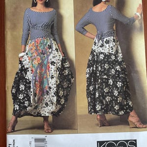 May include: A Vogue American Designer sewing pattern envelope V2971 for a dress with a blue and white striped long-sleeve bodice and a multi-panel skirt featuring black and white floral prints and a colorful floral center panel.